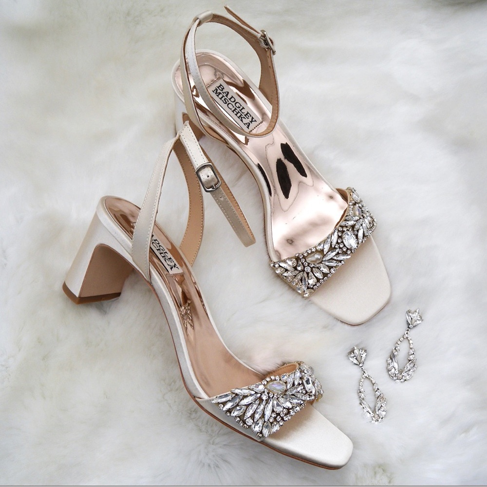 Badgley Mischka Marsha, Block Heel Rhinestone Sandals in Ivory Satin